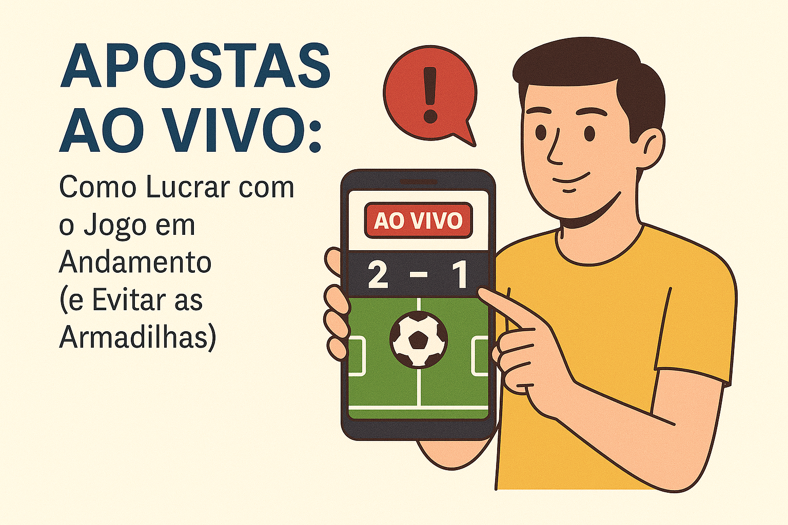 Homem sorrindo enquanto faz uma aposta ao vivo em um jogo de futebol pelo celular. A imagem ilustra um artigo sobre como lucrar com apostas durante o jogo.