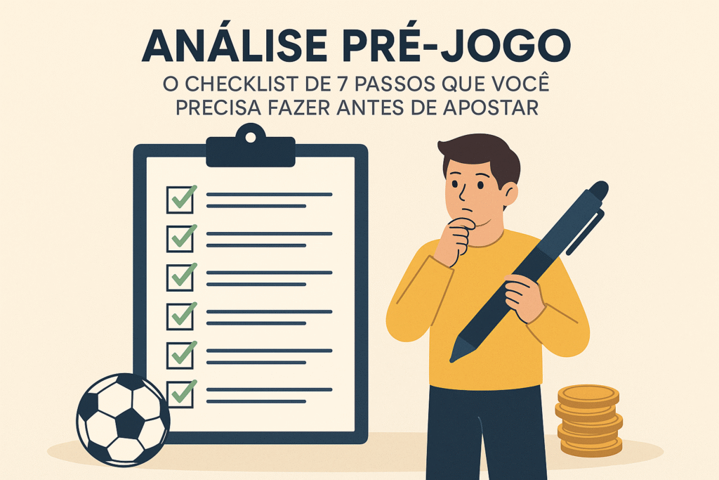 Ilustração de apostador segurando uma caneta ao lado de um checklist com sete etapas, uma bola de futebol e moedas, representando a análise pré-jogo antes de fazer uma aposta esportiva.