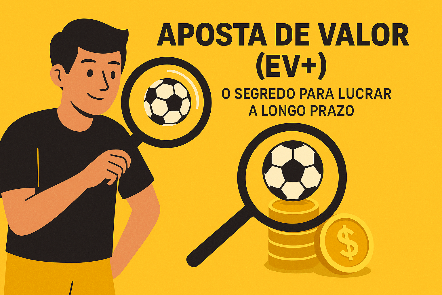 Ilustração de apostador segurando uma lupa sobre uma bola de futebol sobre moedas, representando o conceito de aposta de valor (EV+) como estratégia lucrativa no longo prazo.