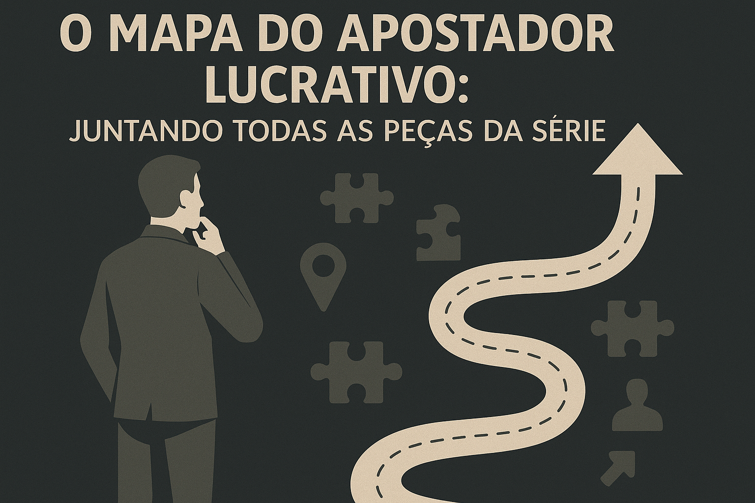 Ilustração de um mapa do apostador lucrativo, mostrando o caminho e as peças necessárias, como gestão e controle emocional, para ter sucesso nas apostas.