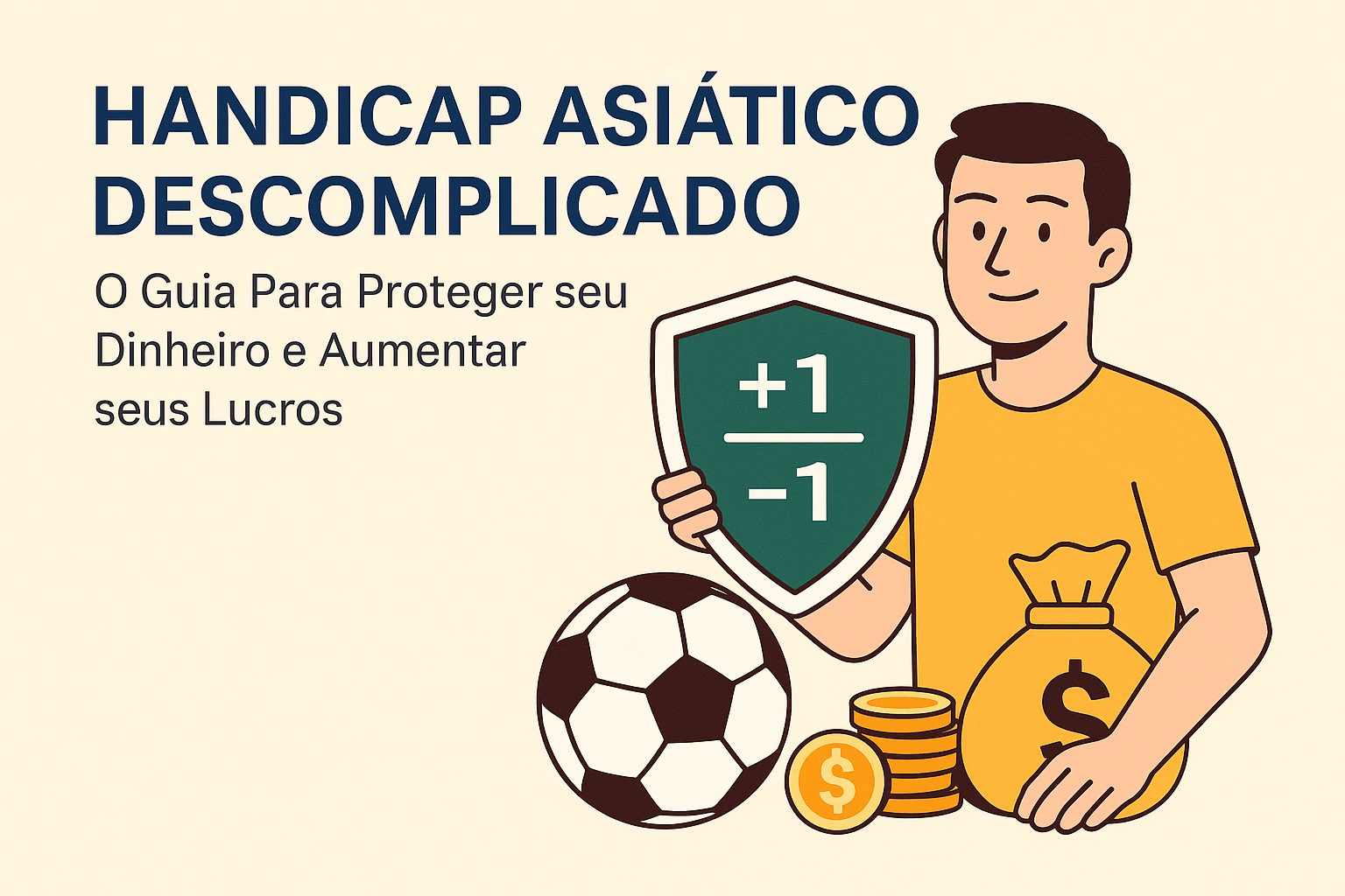 Ilustração de um homem segurando um escudo com os símbolos de handicap asiático (+1, -1) e um saco de dinheiro, ao lado de uma bola de futebol. O texto diz: 'Handicap Asiático Descomplicado: O Guia Para Proteger seu Dinheiro e Aumentar seus Lucros'.