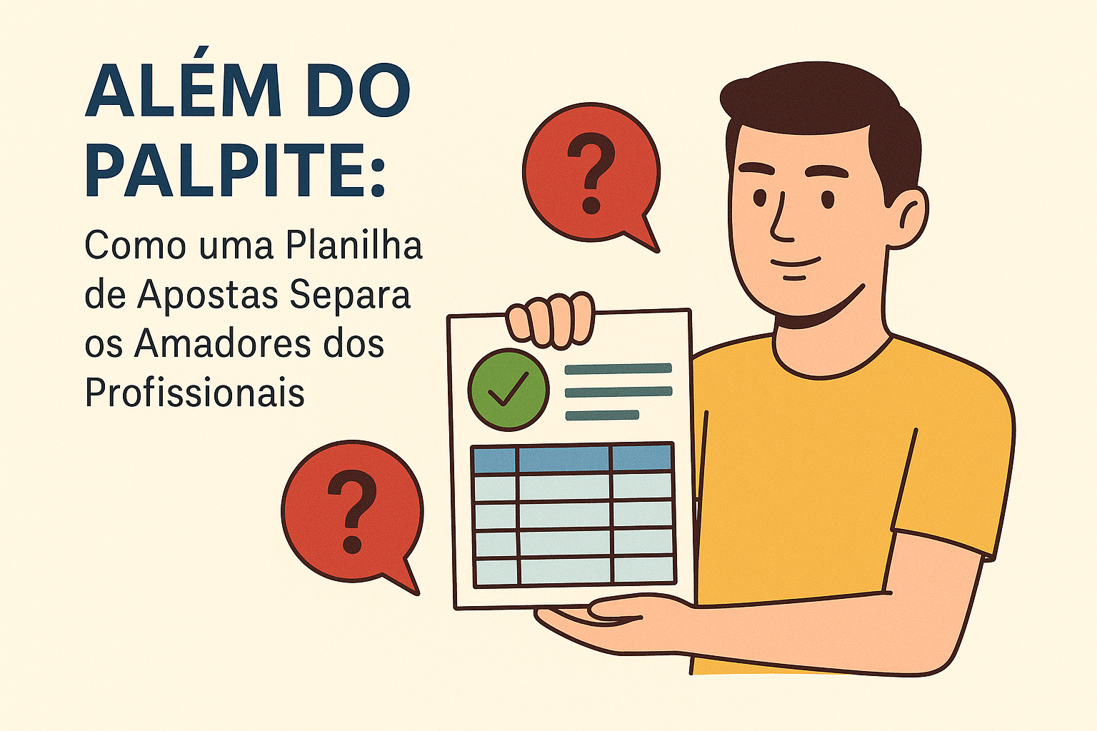 Ilustração de um apostador segurando uma planilha de controle de apostas, mostrando a diferença entre amadores e profissionais no mundo das apostas esportivas.