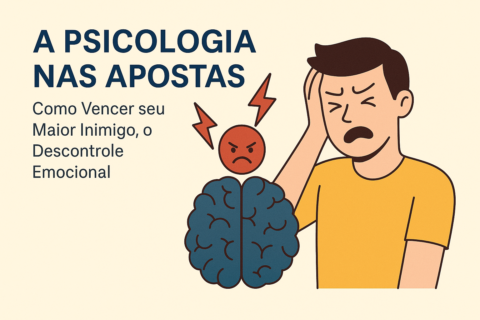 Ilustração sobre a psicologia nas apostas, mostrando um homem estressado e um cérebro irritado, simbolizando o descontrole emocional do apostador.